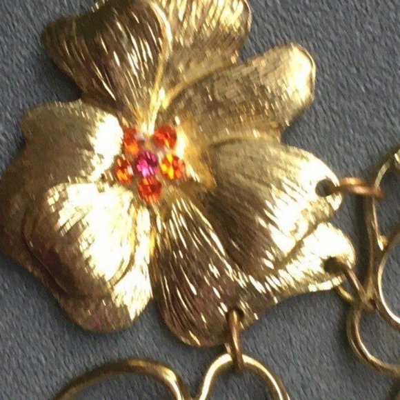 Flowers Bib Statement Necklace Orange Rhinestone Gold Chain Wire Detailed Retro - Picture 2 of 9
